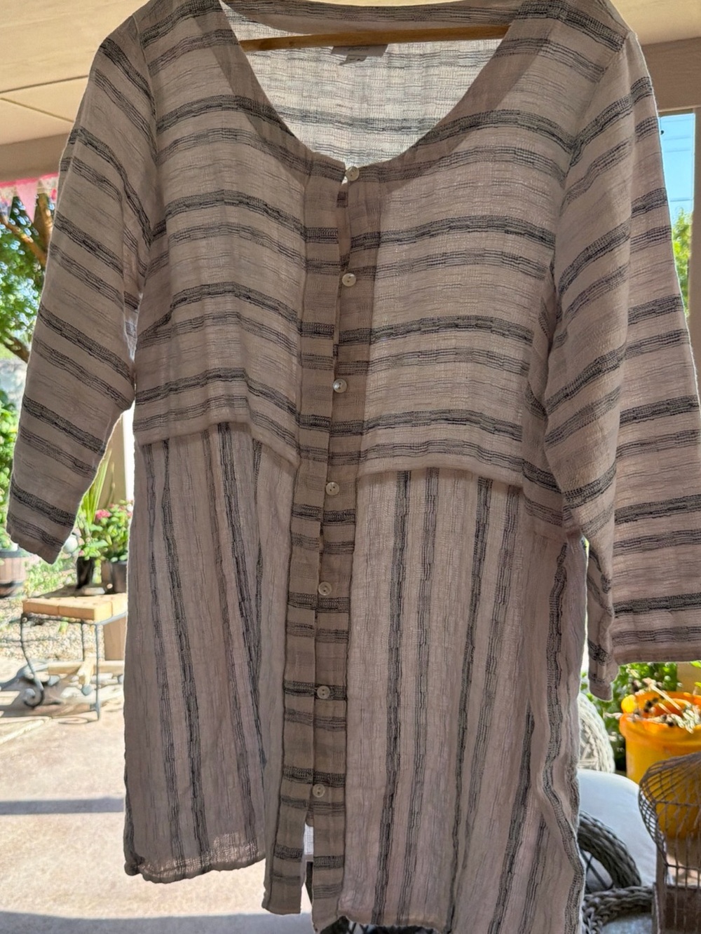 Pure Jill Lightweight Striped Button-Front Tunic — Cream & Gray
